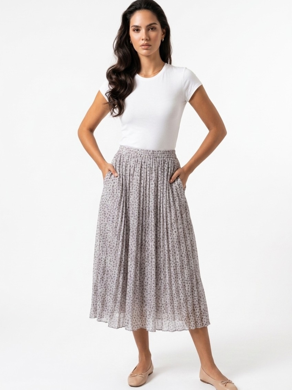 Pleated Animal-Print Maxi Skirt in Light Gray